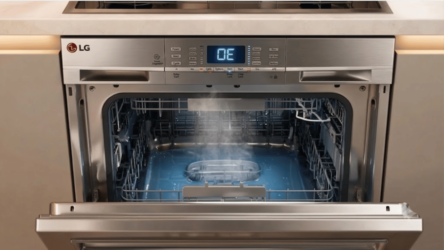 Open LG dishwasher showing DE error code on the display screen