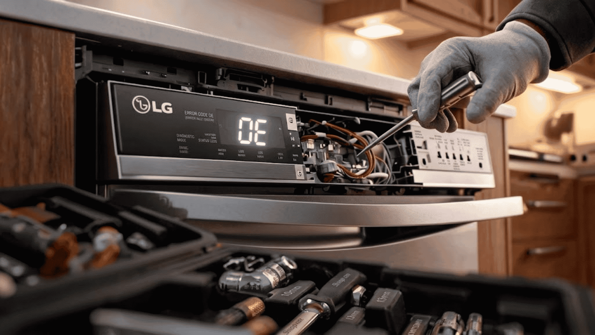 Technician repairing an LG dishwasher control panel with exposed wiring and tools in a kitchen setting.