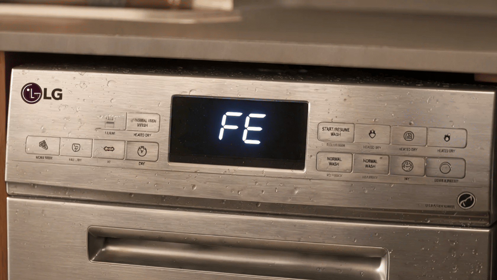 LG dishwasher control panel showing FE error code display