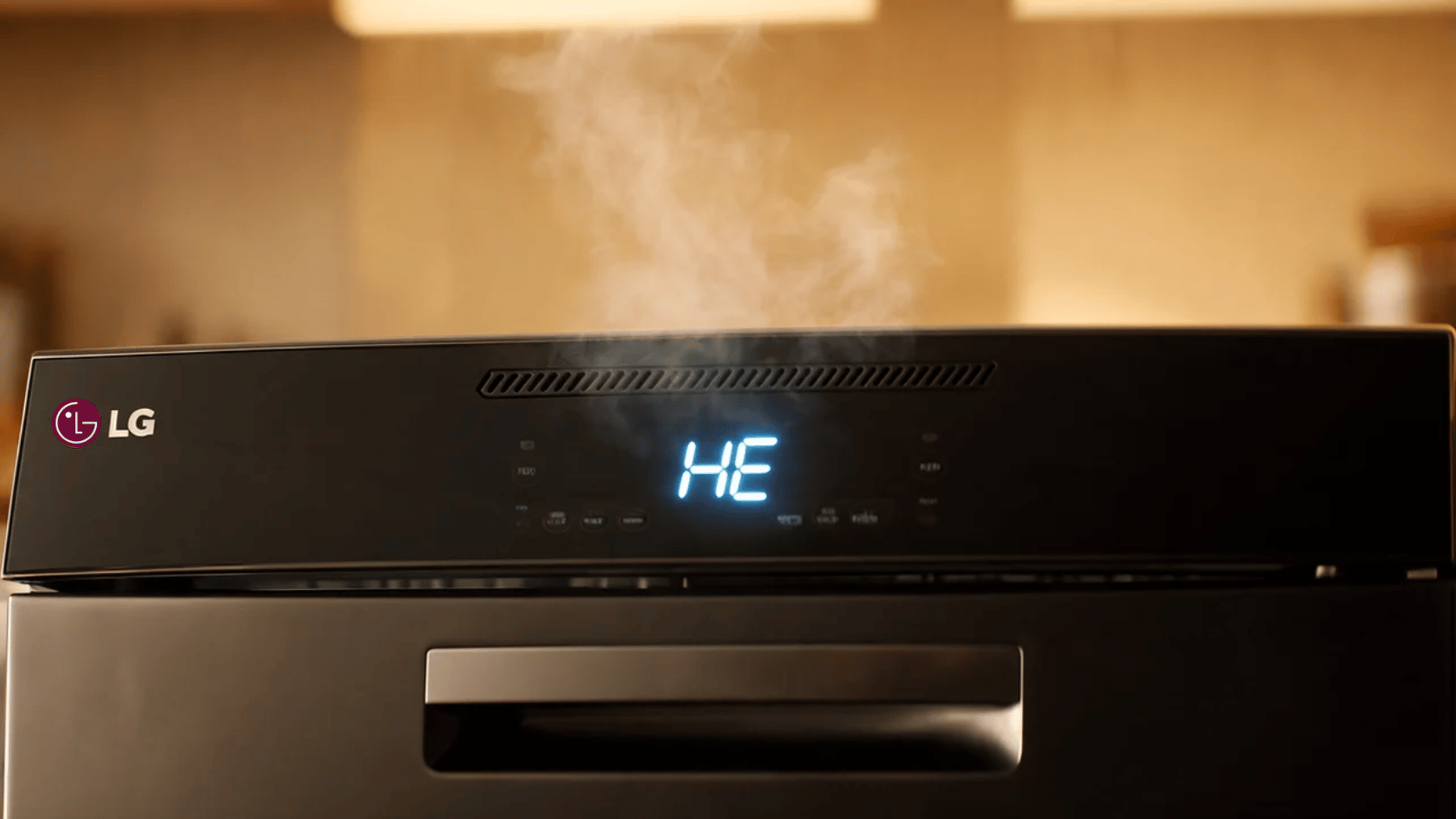 LG dishwasher screen displaying HE error code on the control panel