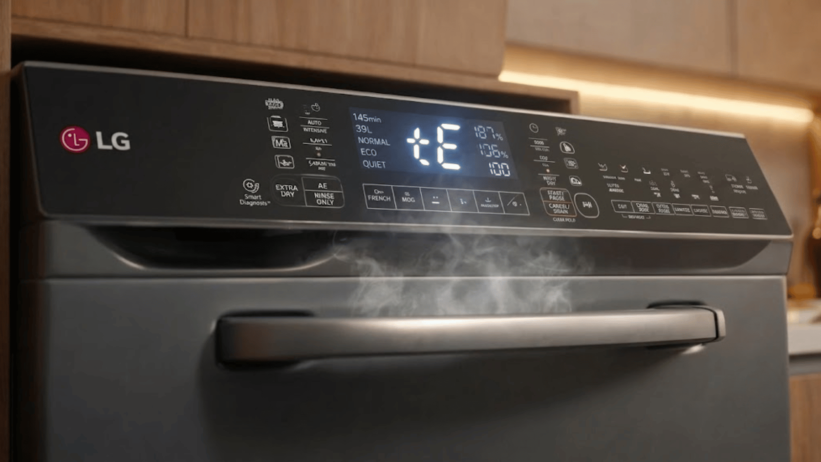 LG dishwasher control panel showing TE error code with steam visible