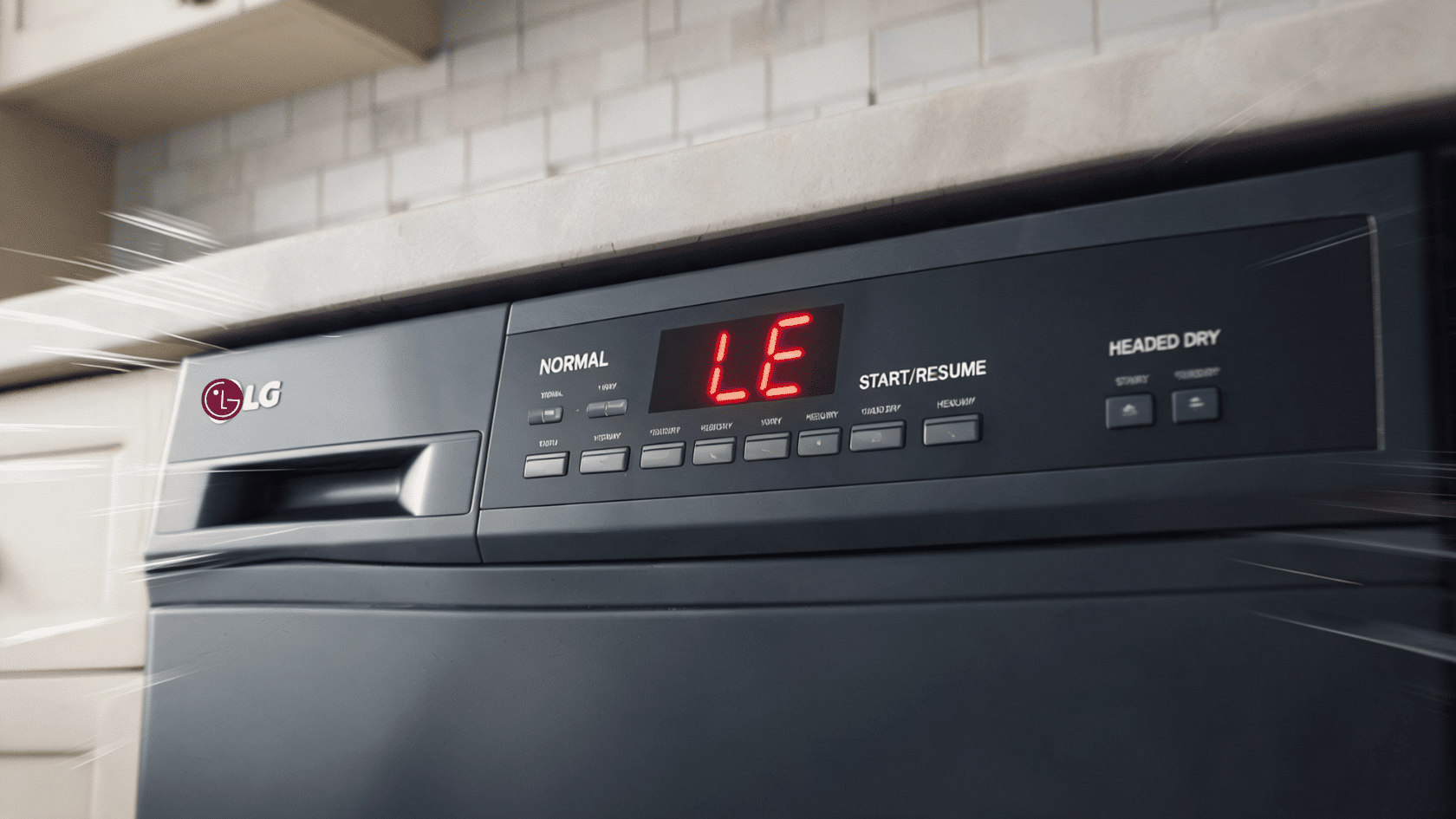 LG dishwasher control panel displaying LE error code