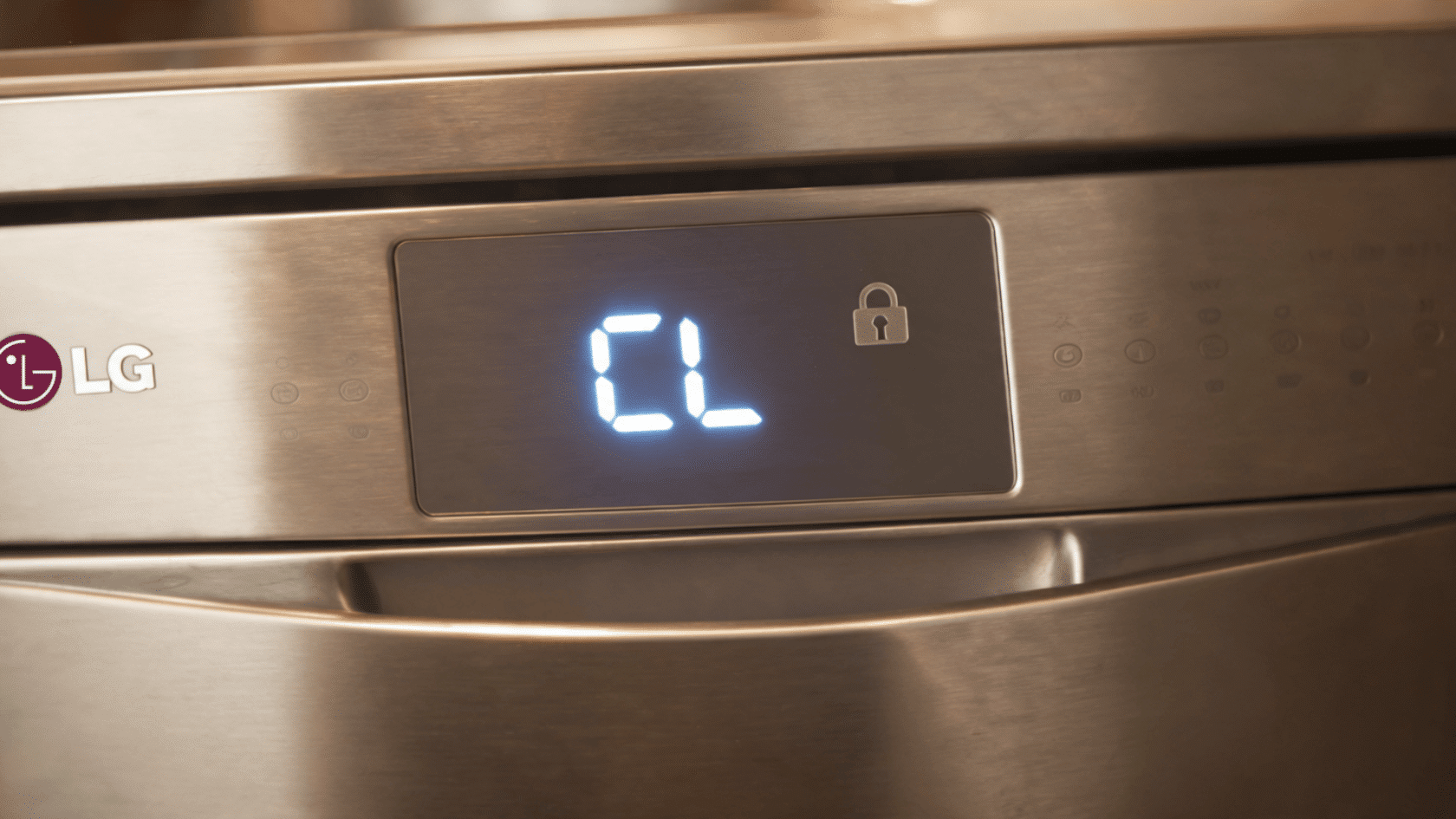 LG dishwasher display showing CL lock indicator on stainless panel
