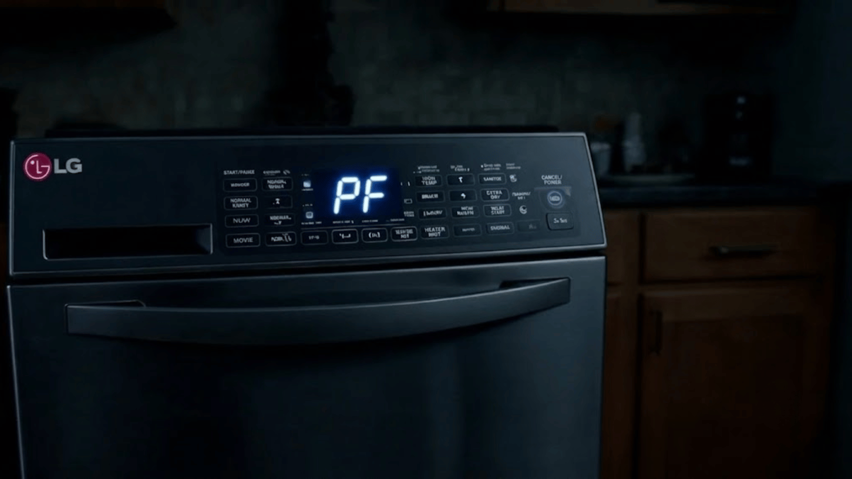 LG dishwasher display showing PF power failure error code
