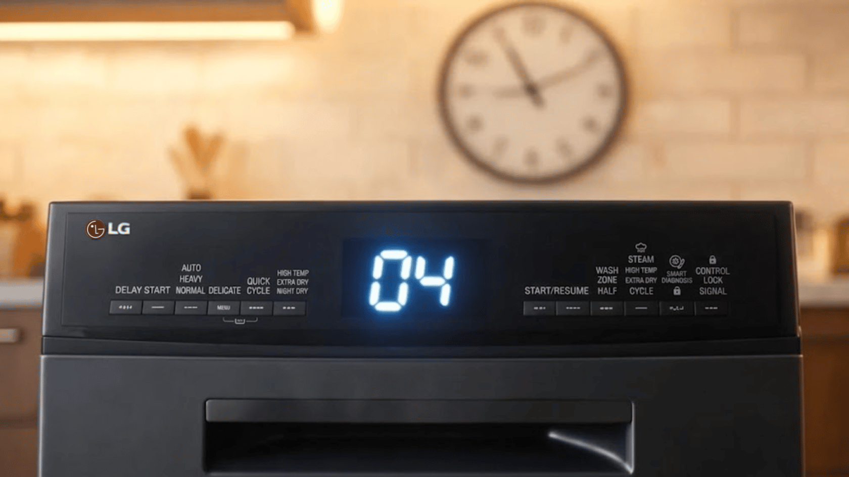 LG dishwasher control panel showing 04 timer display
