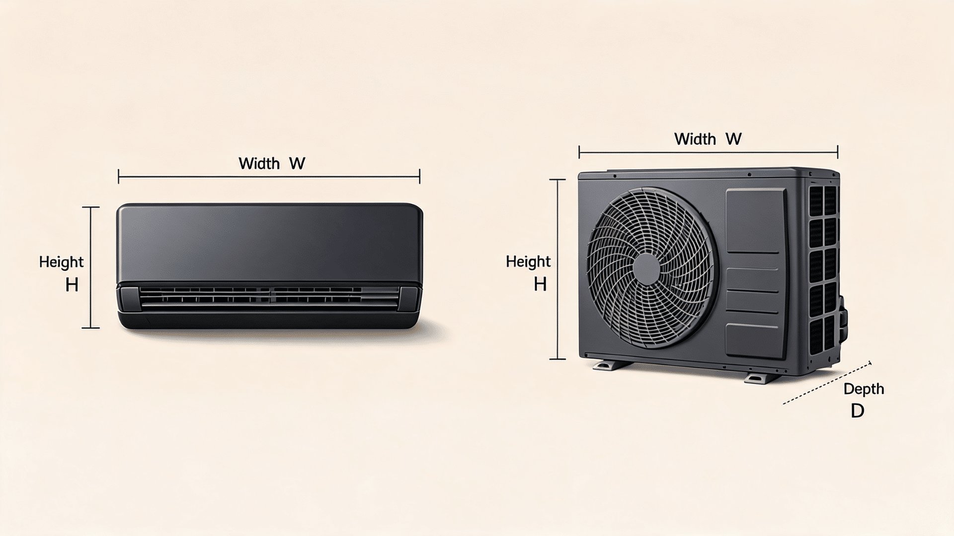 Split AC unit diagram showing indoor and outdoor units labeled with width, height, and depth dimensions.