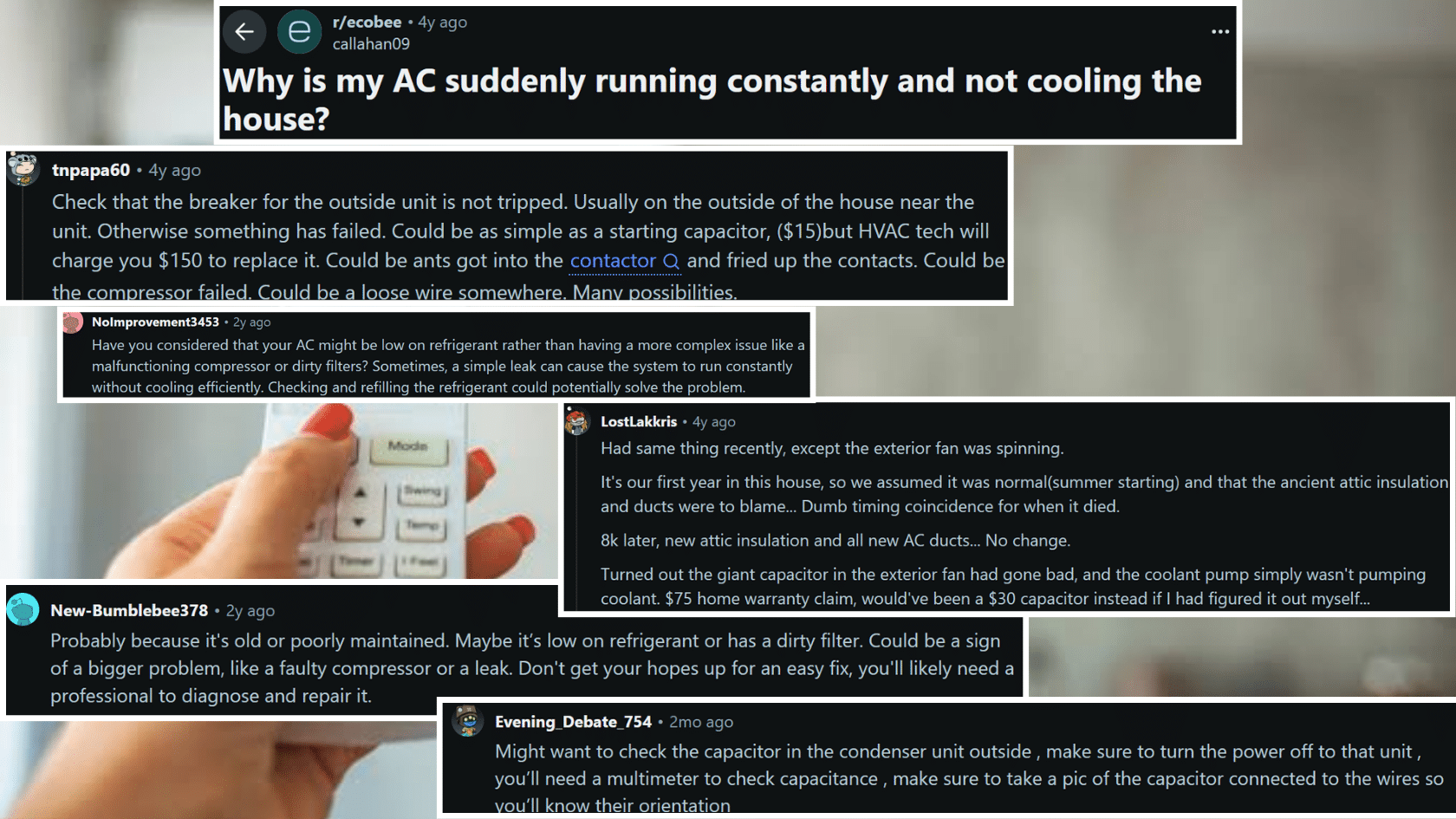 Reddit discussions about an AC running constantly without cooling the house.